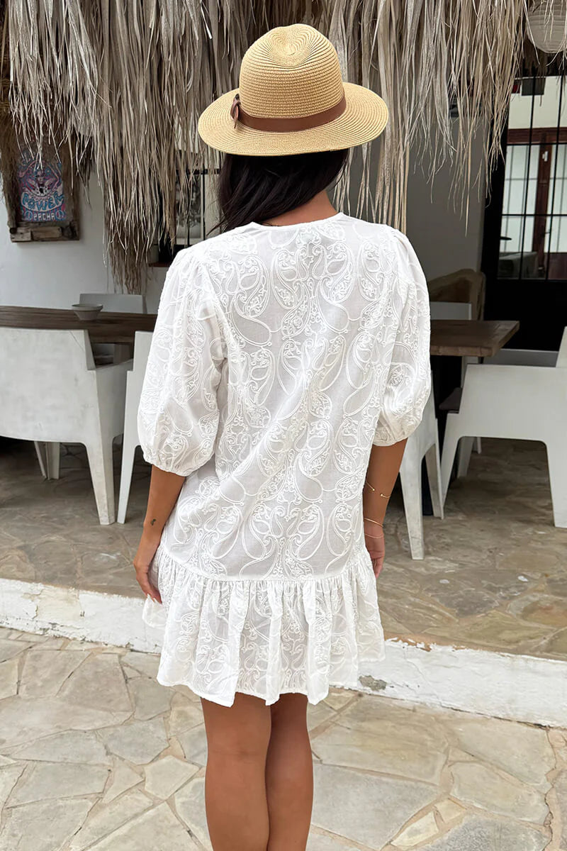 AX PARIS WHITE PAISLEY EMBROIDERED BUTTON FRILL HEM MINI DRESS