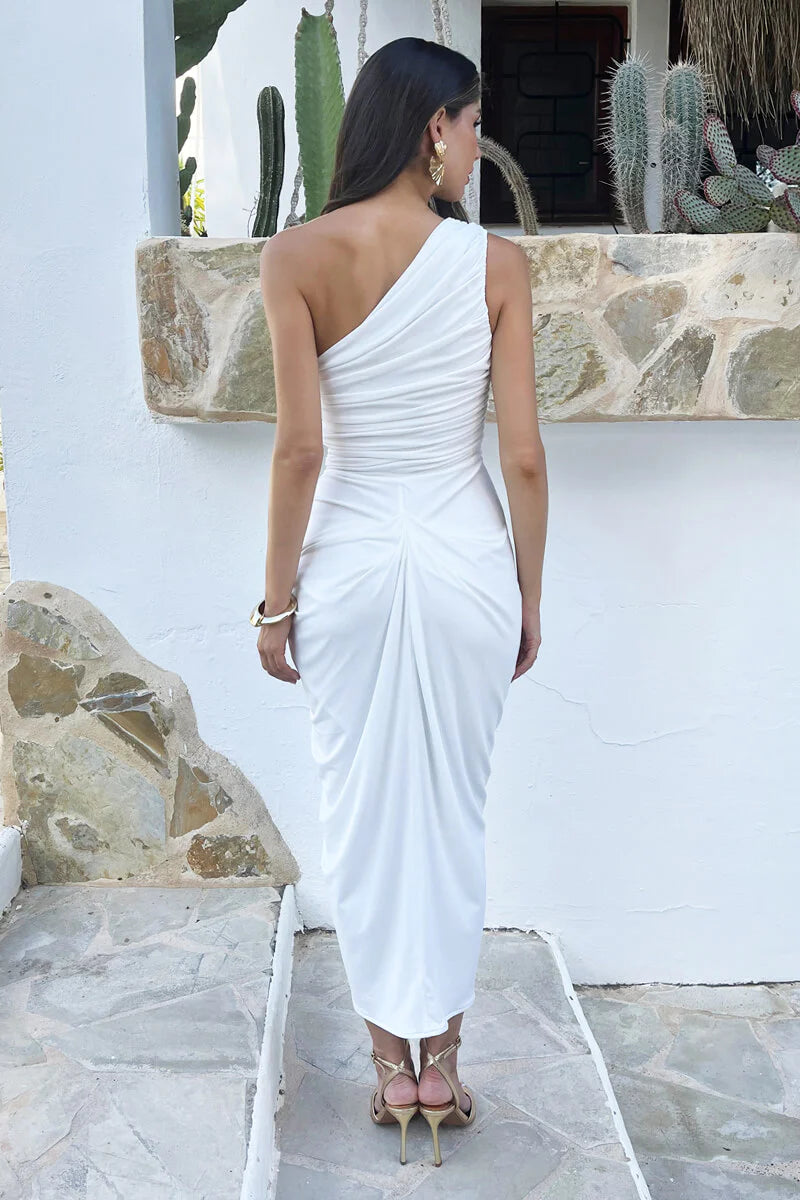 AX PARIS CREAM ONE SHOULDER GATHERED SKIRT MIDI DRESS