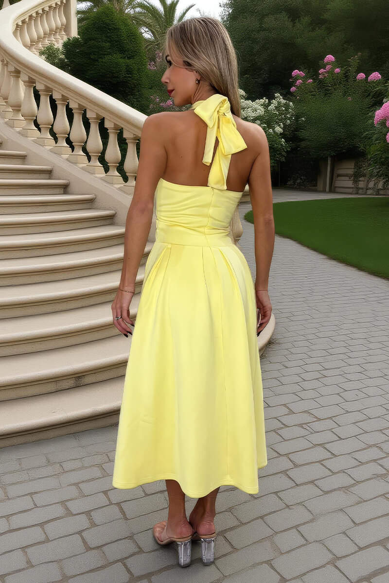 AX PARIS SOFT YELLOW TIE HALTER NECK MIDI DRESS