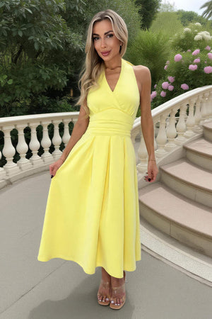 AX PARIS SOFT YELLOW TIE HALTER NECK MIDI DRESS