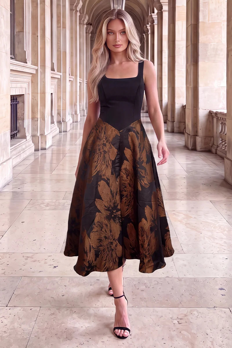 AX PARIS BLACK FLORAL JACQUARD A-LINE MIDI DRESS