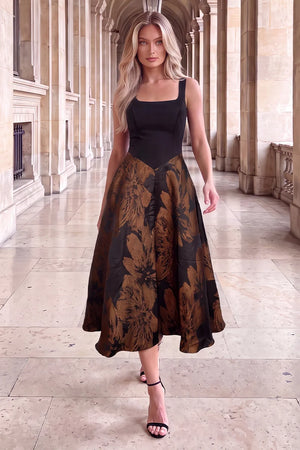 AX PARIS BLACK FLORAL JACQUARD A-LINE MIDI DRESS