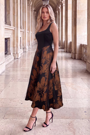 AX PARIS BLACK FLORAL JACQUARD A-LINE MIDI DRESS