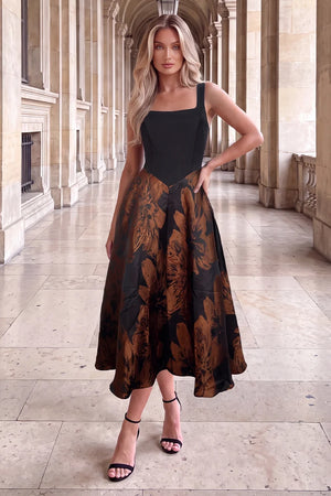 AX PARIS BLACK FLORAL JACQUARD A-LINE MIDI DRESS