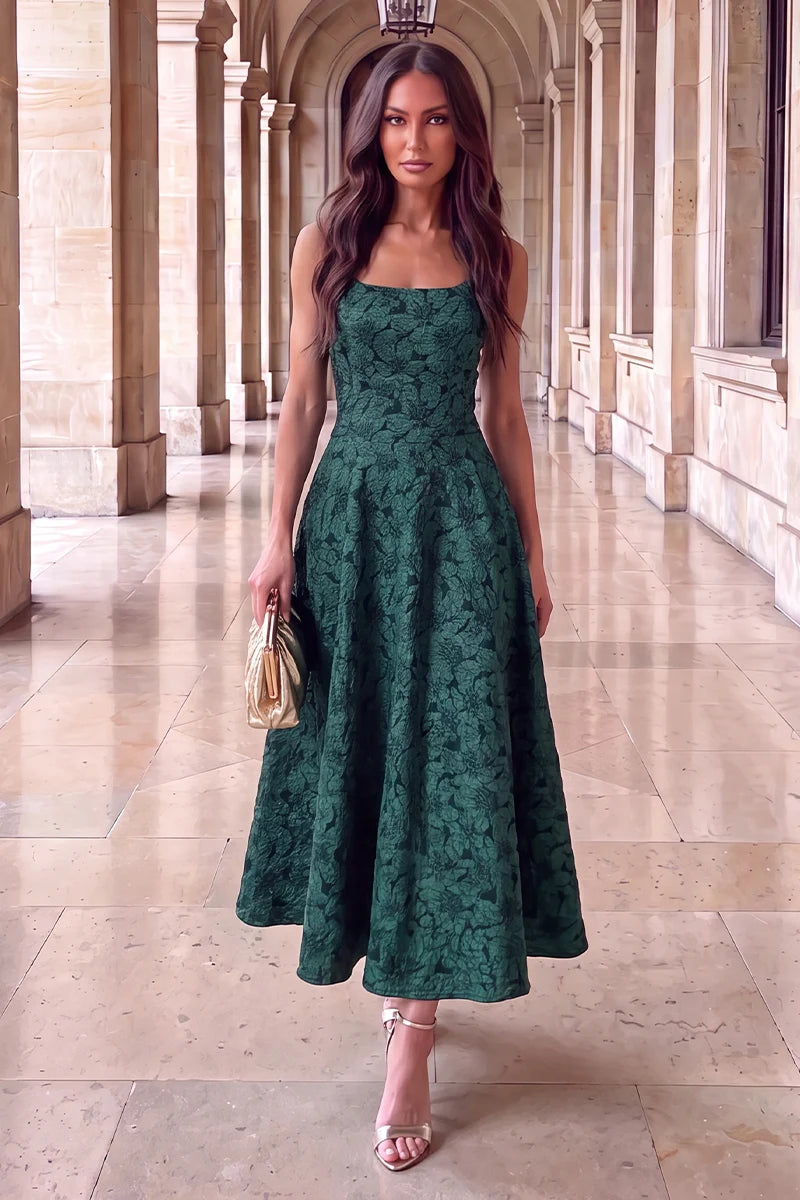 AX PARIS GREEN FLORAL JACQUARD SQUARE NECK A-LINE MIDI DRESS