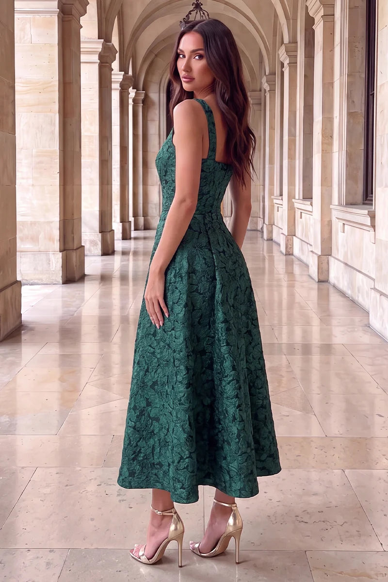 AX PARIS GREEN FLORAL JACQUARD SQUARE NECK A-LINE MIDI DRESS