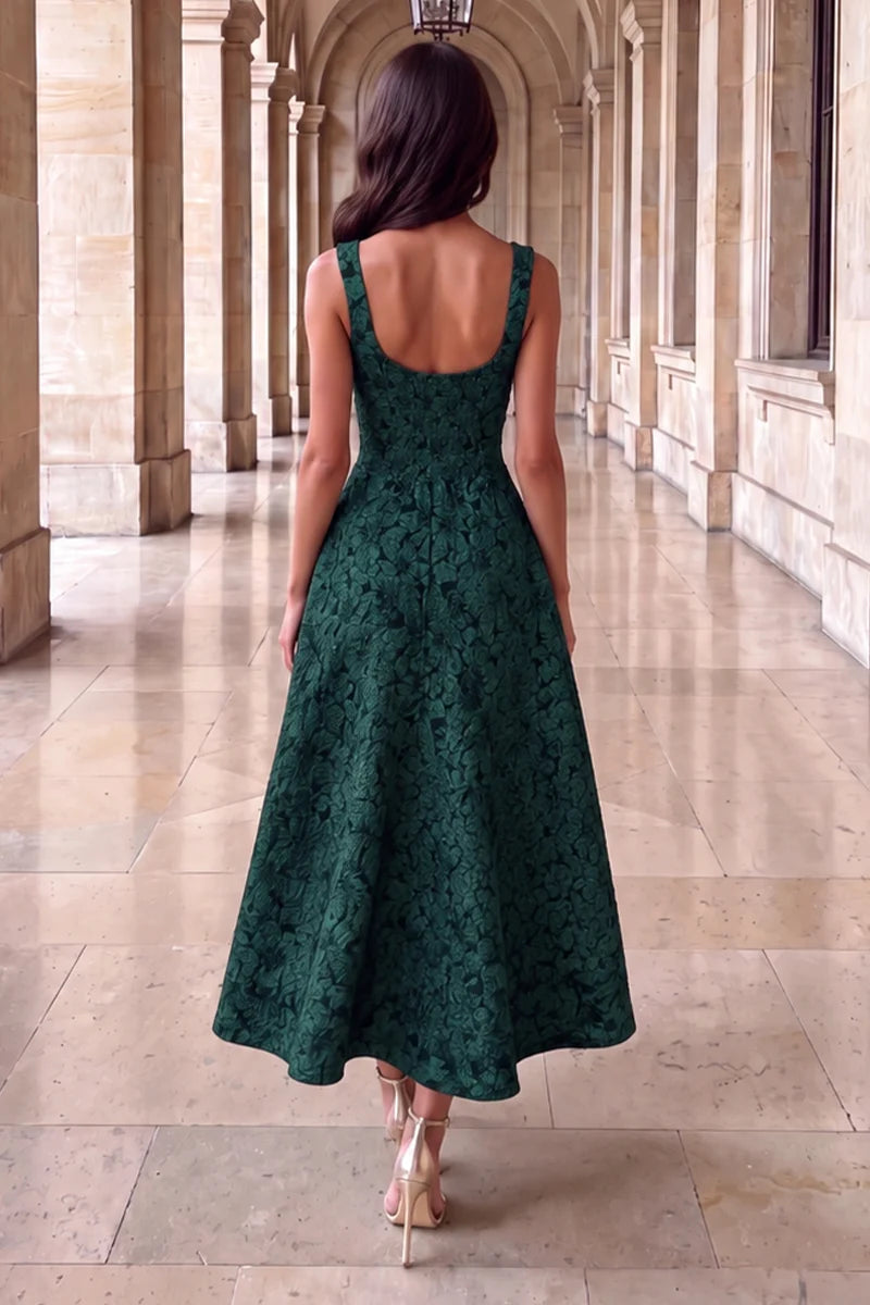 AX PARIS GREEN FLORAL JACQUARD SQUARE NECK A-LINE MIDI DRESS