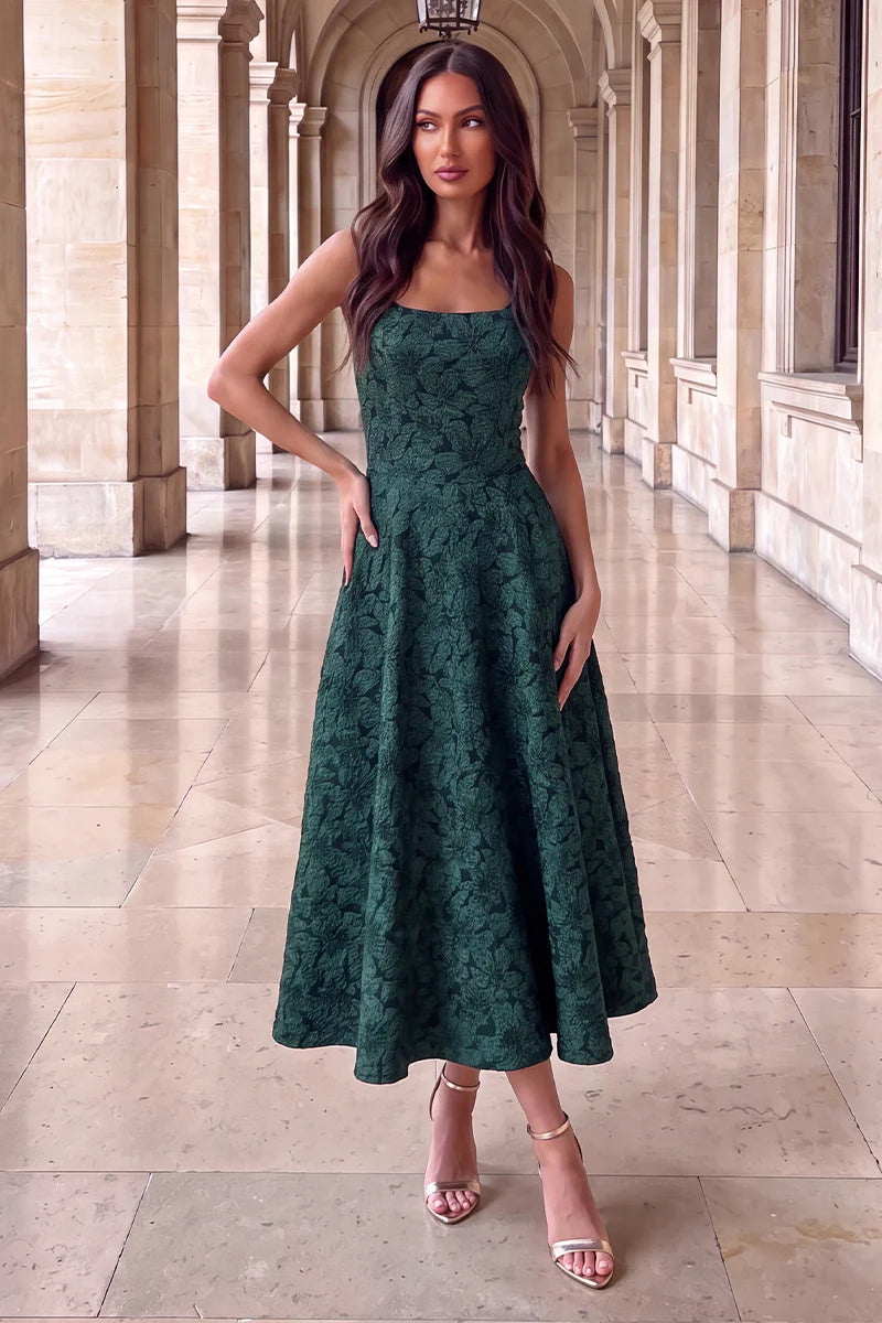 AX PARIS GREEN FLORAL JACQUARD SQUARE NECK A-LINE MIDI DRESS