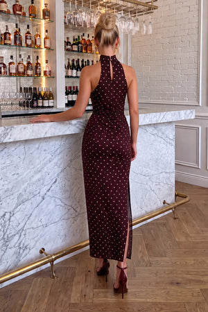 AX PARIS BURGUNDY POLKA DOT SATIN RUCHED MIDI DRESS