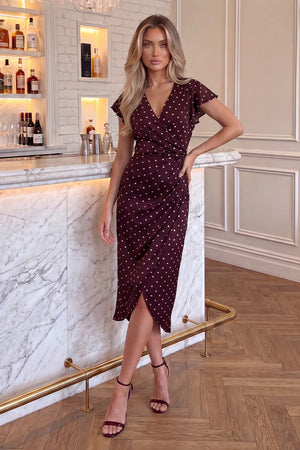 AX PARIS BURGUNDY POLKA DOT PRINT FLUTTER SLEEVE WRAP MIDI DRESS
