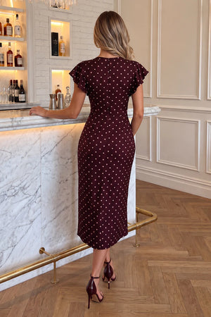 AX PARIS BURGUNDY POLKA DOT PRINT FLUTTER SLEEVE WRAP MIDI DRESS