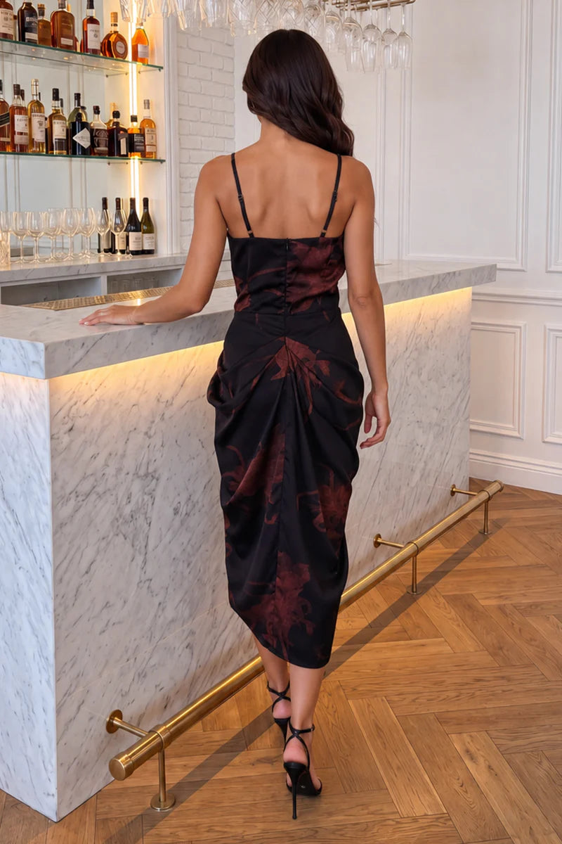 AX PARIS BLACK FLORAL PRINT STRAPPY COWL NECK MIDI DRESS