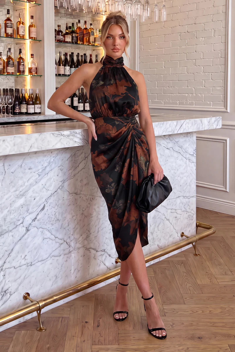 AX PARIS MULTI FLORAL PRINT HALTER NECK MIDI DRESS