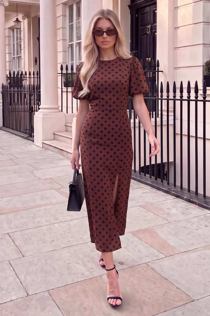 AX PARIS CHOCOLATE AND BLACK POLKA DOT PUFF SLEEVE MIDI DRESS