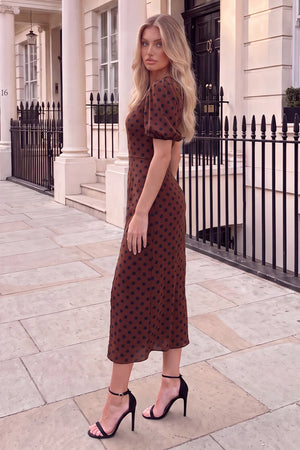 AX PARIS CHOCOLATE AND BLACK POLKA DOT PUFF SLEEVE MIDI DRESS
