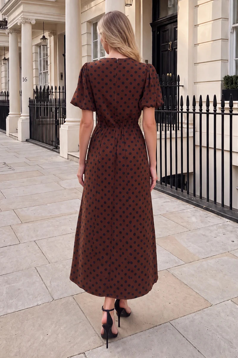 AX PARIS CHOCOLATE AND BLACK POLKA DOT PUFF SLEEVE MIDI DRESS