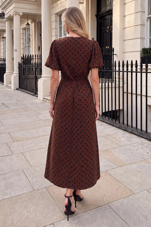 AX PARIS CHOCOLATE AND BLACK POLKA DOT PUFF SLEEVE MIDI DRESS