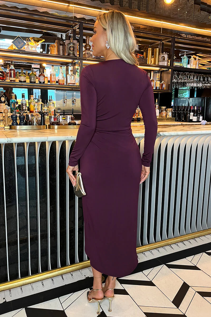 AX PARIS DARK PLUM LONG SLEEVE RING DETAIL WRAP MIDI DRESS