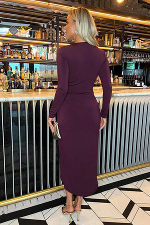 AX PARIS DARK PLUM LONG SLEEVE RING DETAIL WRAP MIDI DRESS