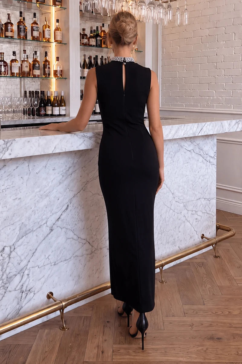 AX PARIS BLACK EMBELLISHED NECKLINE MIDI DRESS