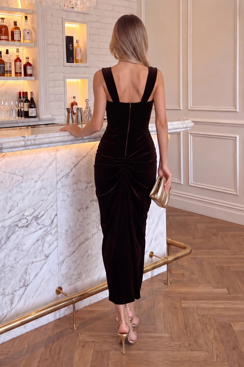 AX PARIS CHOCOLATE VELVET GOLD DETAIL KNOT MIDI DRESS