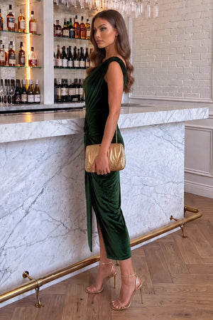 AX PARIS GREEN VELVET OFF THE SHOULDER KNOT SKIRT MIDI DRESS