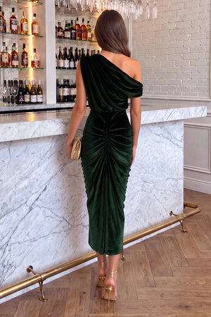 AX PARIS GREEN VELVET OFF THE SHOULDER KNOT SKIRT MIDI DRESS