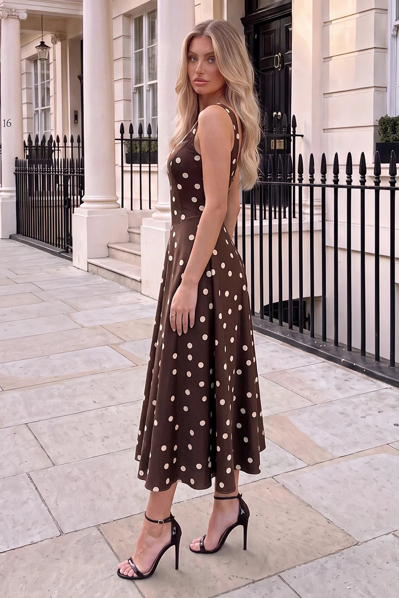 AX PARIS CHOCOLATE POLKA DOT SQUARE NECK A-LINE MIDI DRESS
