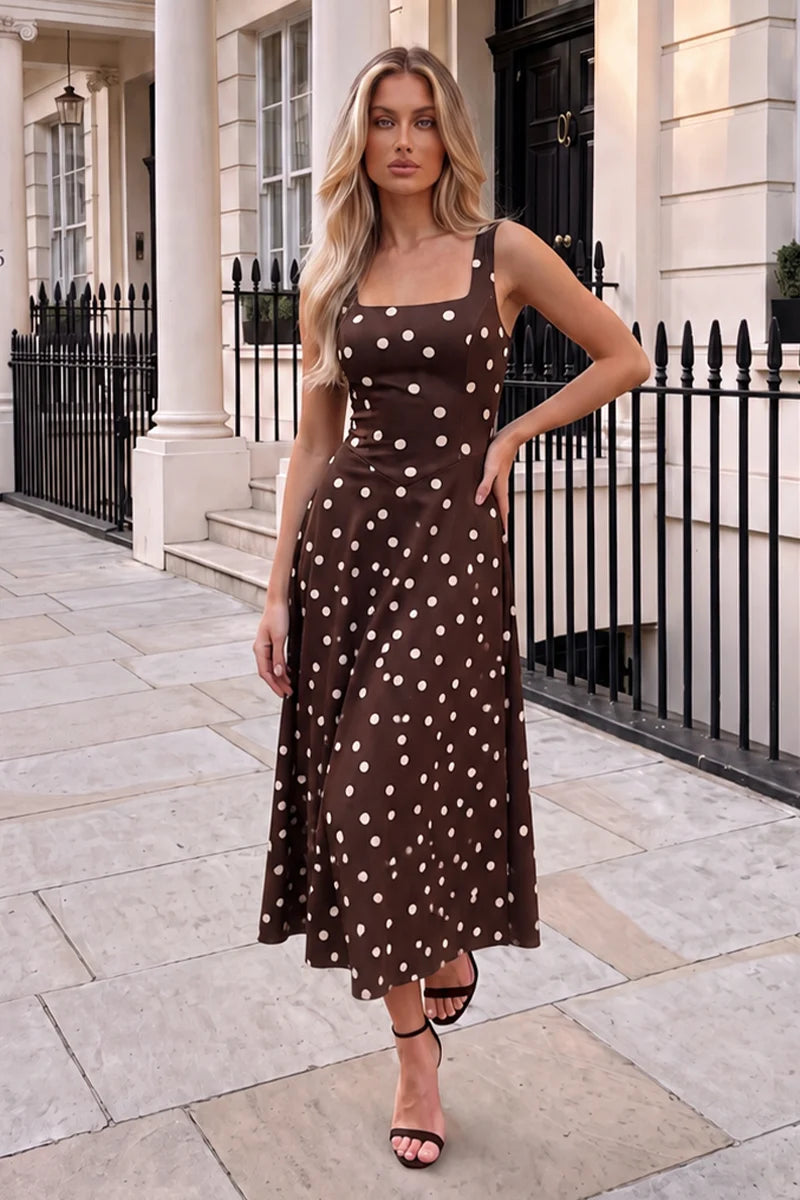 AX PARIS CHOCOLATE POLKA DOT SQUARE NECK A-LINE MIDI DRESS