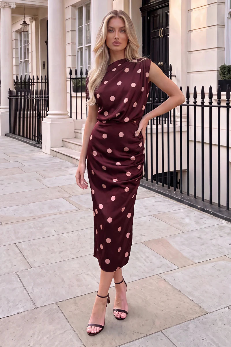 AX PARIS PLUM POLKA DOT OFF THE SHOULDER DRAPED TOP MIDI DRESS