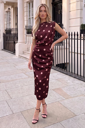 AX PARIS PLUM POLKA DOT OFF THE SHOULDER DRAPED TOP MIDI DRESS