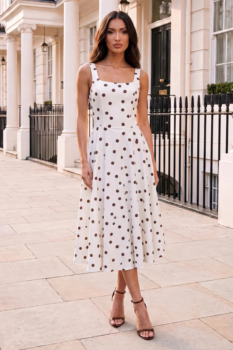 AX PARIS CREAM AND CHOCOLATE POLKA DOT SQUARE NECK A-LINE MIDI DRESS