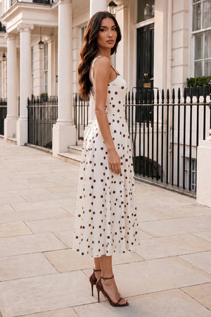 AX PARIS CREAM AND CHOCOLATE POLKA DOT SQUARE NECK A-LINE MIDI DRESS