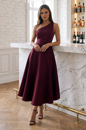 AX PARIS PLUM ONE SHOULDER A-LINE MIDI DRESS