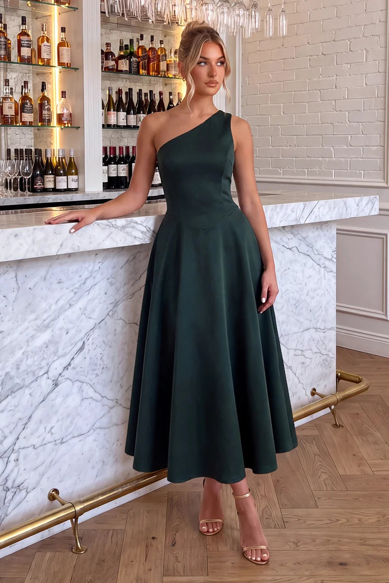 AX PARIS FOREST ONE SHOULDER A-LINE MIDI DRESS
