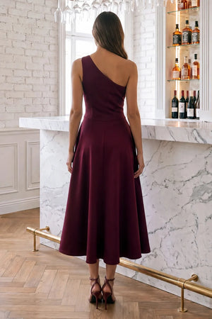 AX PARIS PLUM ONE SHOULDER A-LINE MIDI DRESS