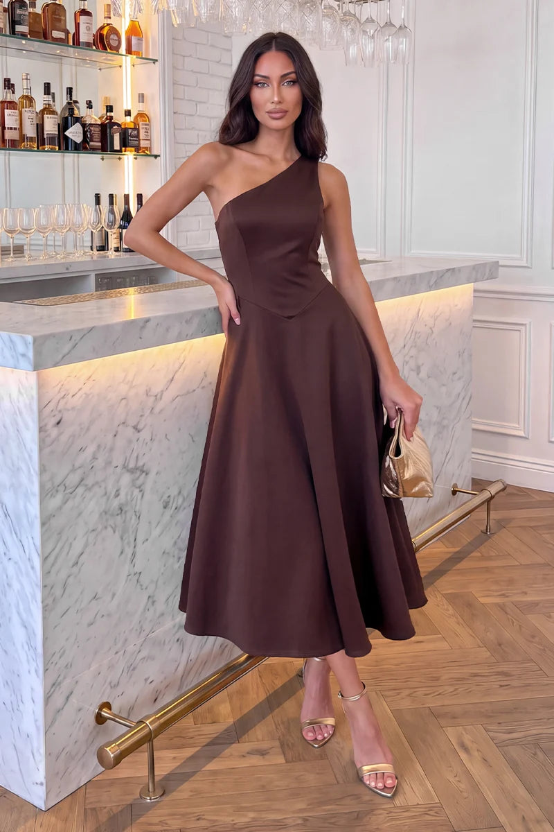 AX PARIS CHOCOLATE ONE SHOULDER A-LINE MIDI DRESS