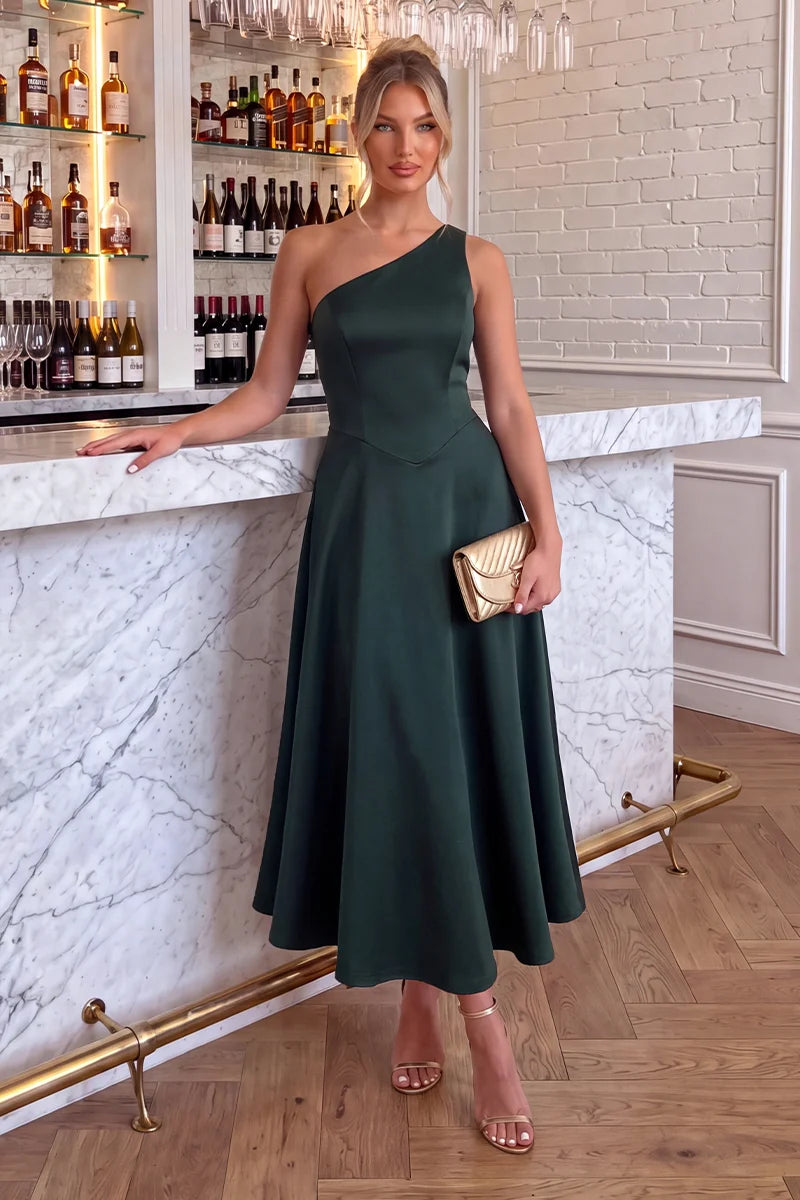 AX PARIS FOREST ONE SHOULDER A-LINE MIDI DRESS