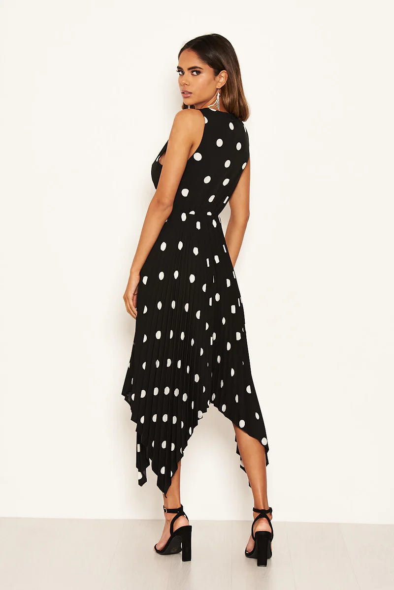 AX PARIS BLACK POLKA DOT SLEEVELESS PLEATED DRESS AXP OUTLET