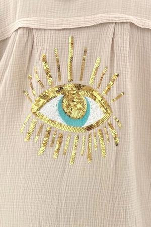 STONE GOLD SEQUIN EYE BUTTON UP OVERSIZED SHIRT