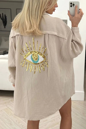 STONE GOLD SEQUIN EYE BUTTON UP OVERSIZED SHIRT