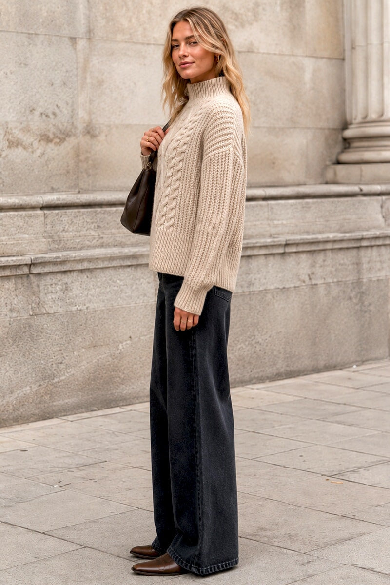OATMEAL HIGH NECK CABLE KNITTED JUMPER