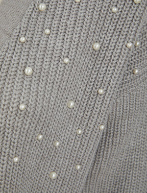 GREY LONG PEARL TRIM KNITTED CARDIGAN