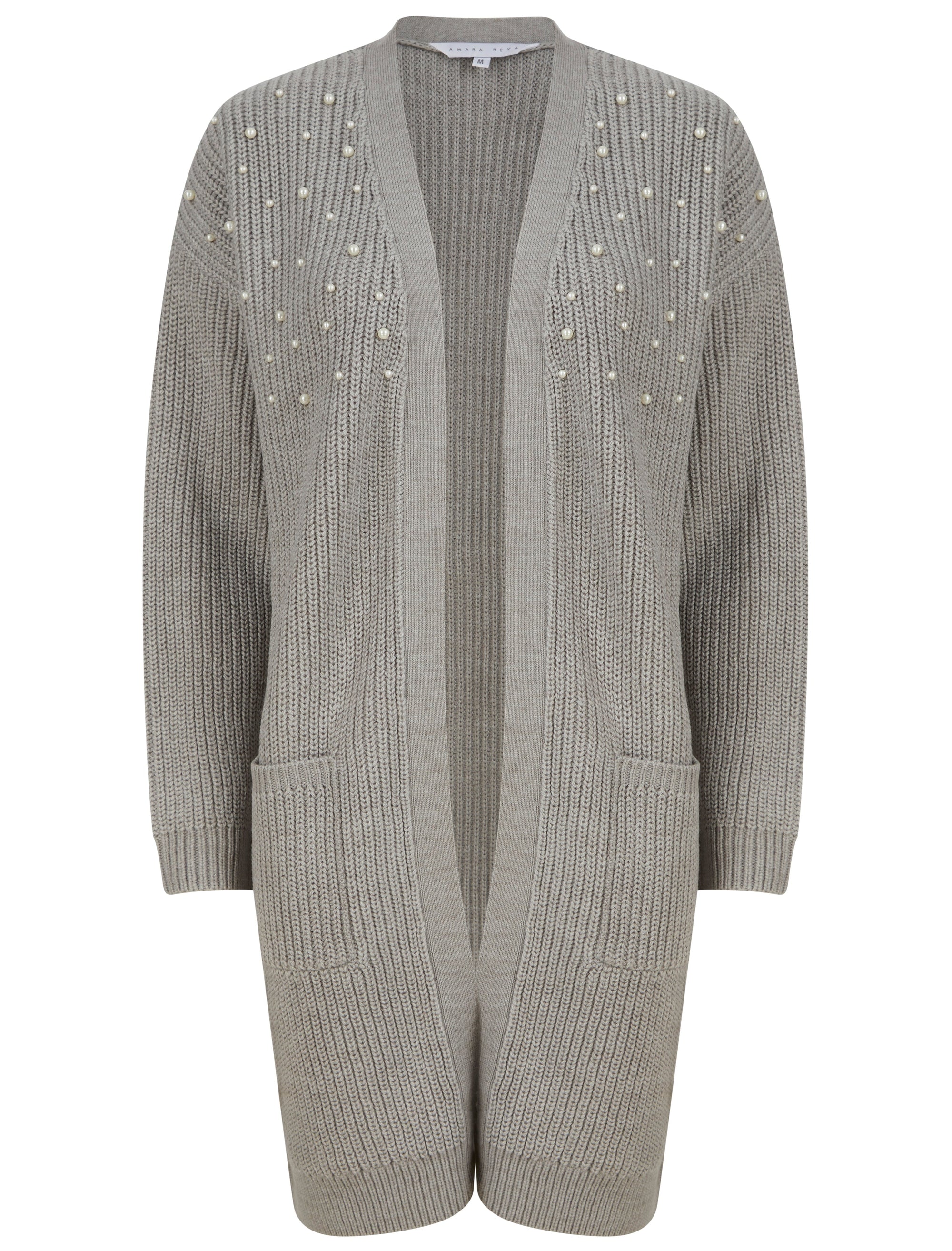 GREY LONG PEARL TRIM KNITTED CARDIGAN