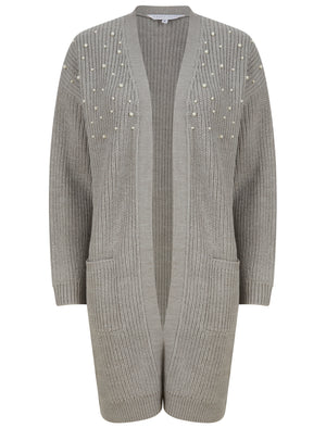 GREY LONG PEARL TRIM KNITTED CARDIGAN