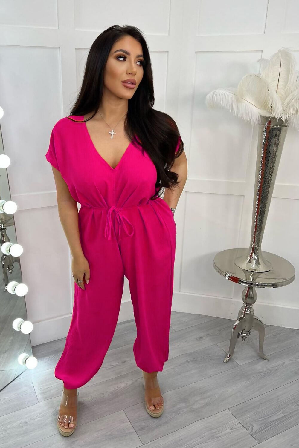 HOT PINK TIE WAIST HAREM JUMPSUIT