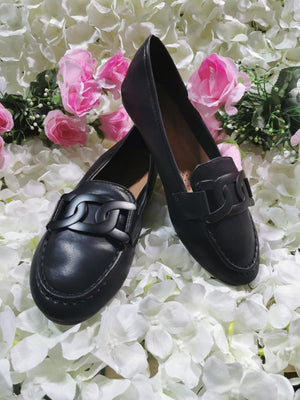 BLACK CHAIN BUCKLE FAUX LEATHER LOAFER