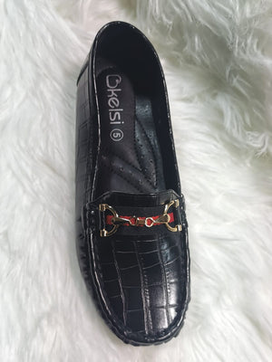 BLACK CROC FAUX LEATHER CHAIN LOAFER