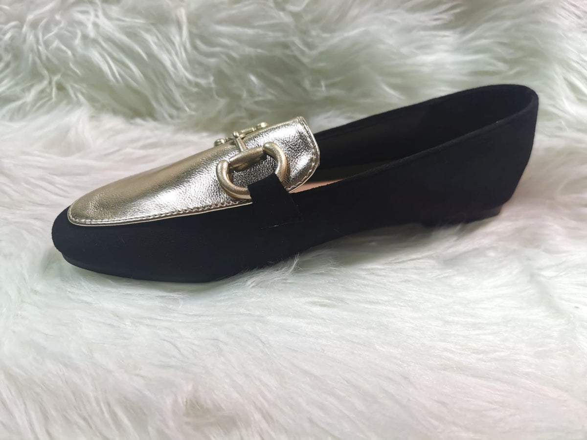BLACK METALLIC TRIM CHAIN FAUX SUEDE LOAFER