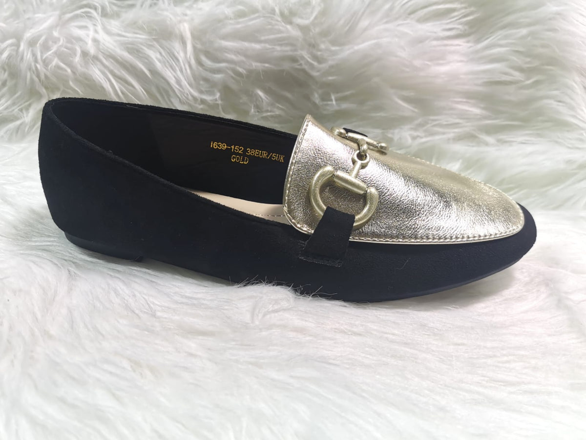 BLACK METALLIC TRIM CHAIN FAUX SUEDE LOAFER